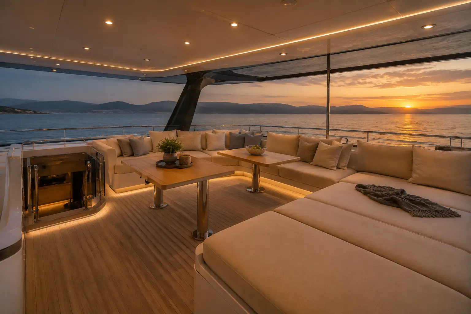 Open-air lounge bed with sunset views aboard Sunset Voyager