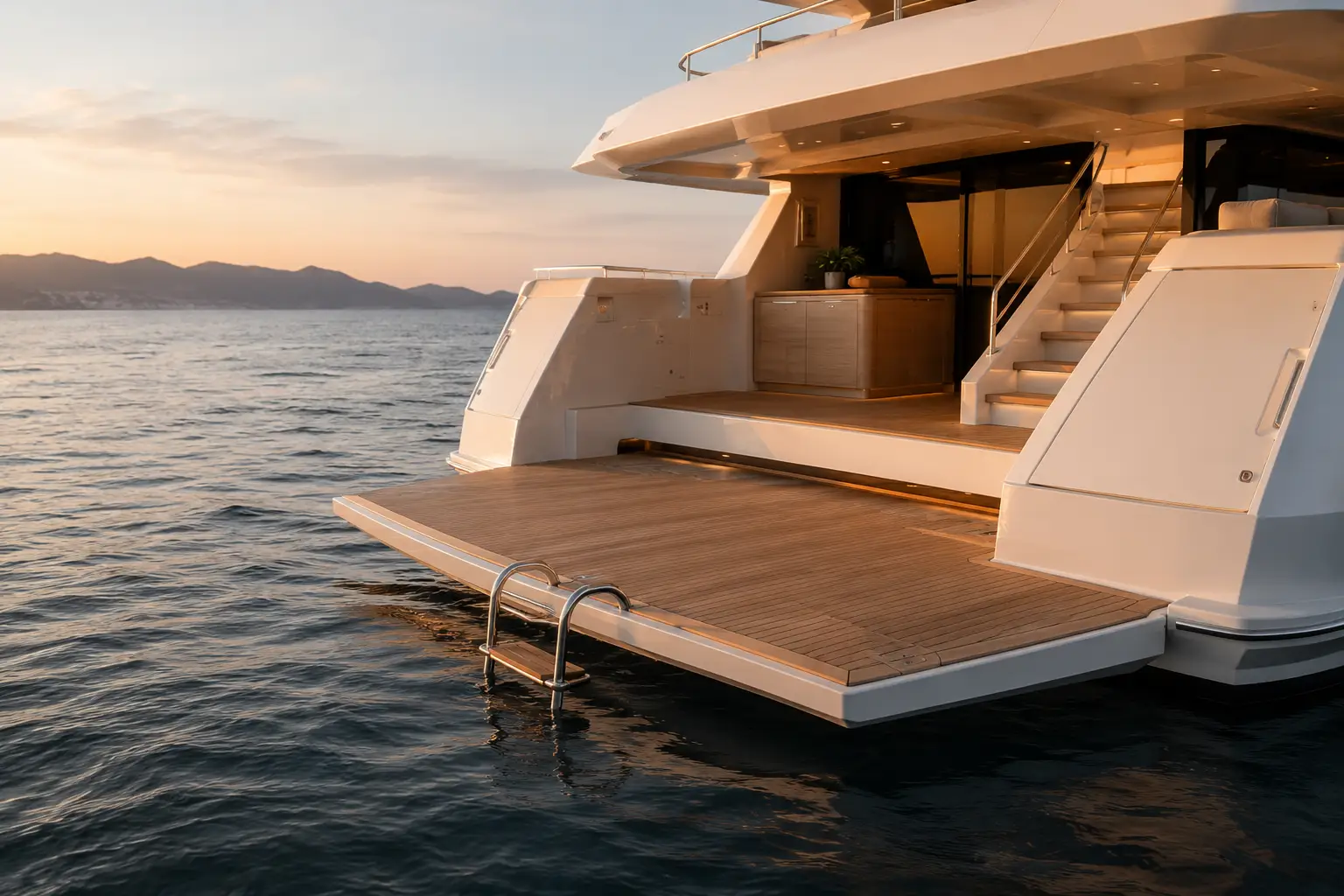 Wide aft swim platform and water access aboard Sunset Voyager