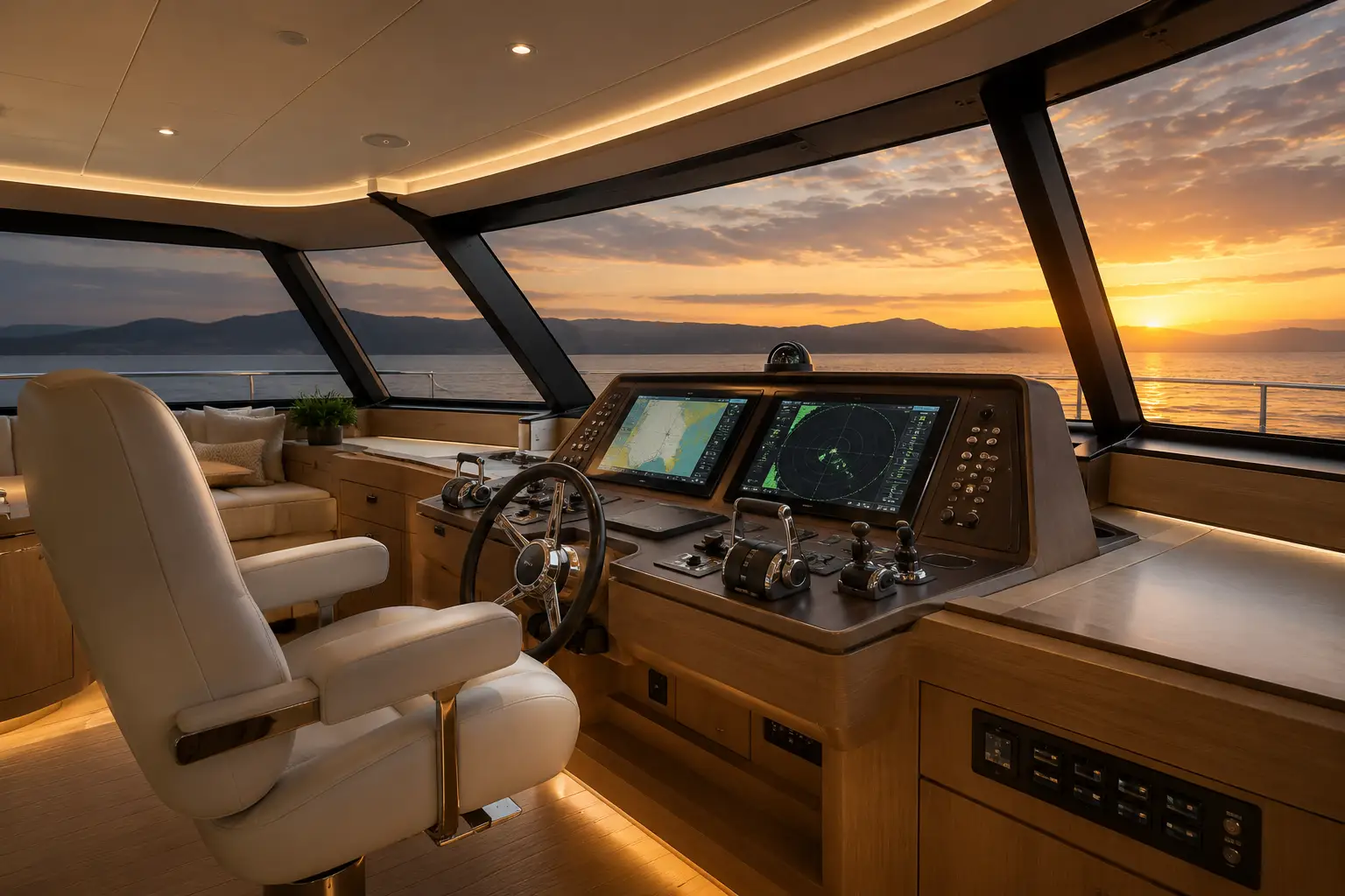 Captain helm station aboard Sunset Voyager luxury catamaran