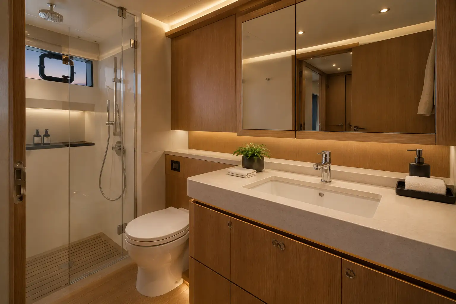 Luxury bathroom with glass shower aboard Sunset Voyager catamaran