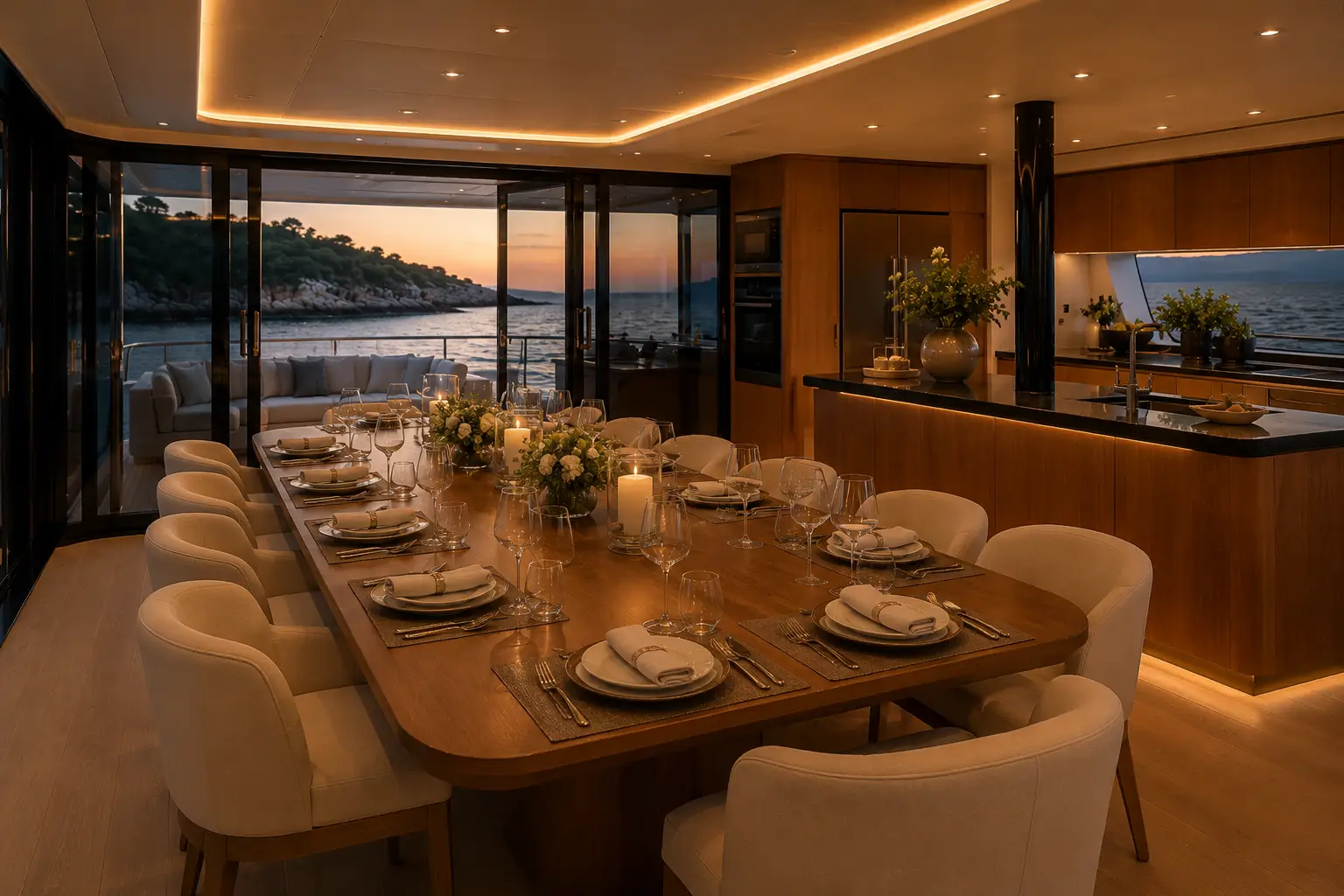 Indoor dining salon with warm sunset views aboard Sunset Voyager