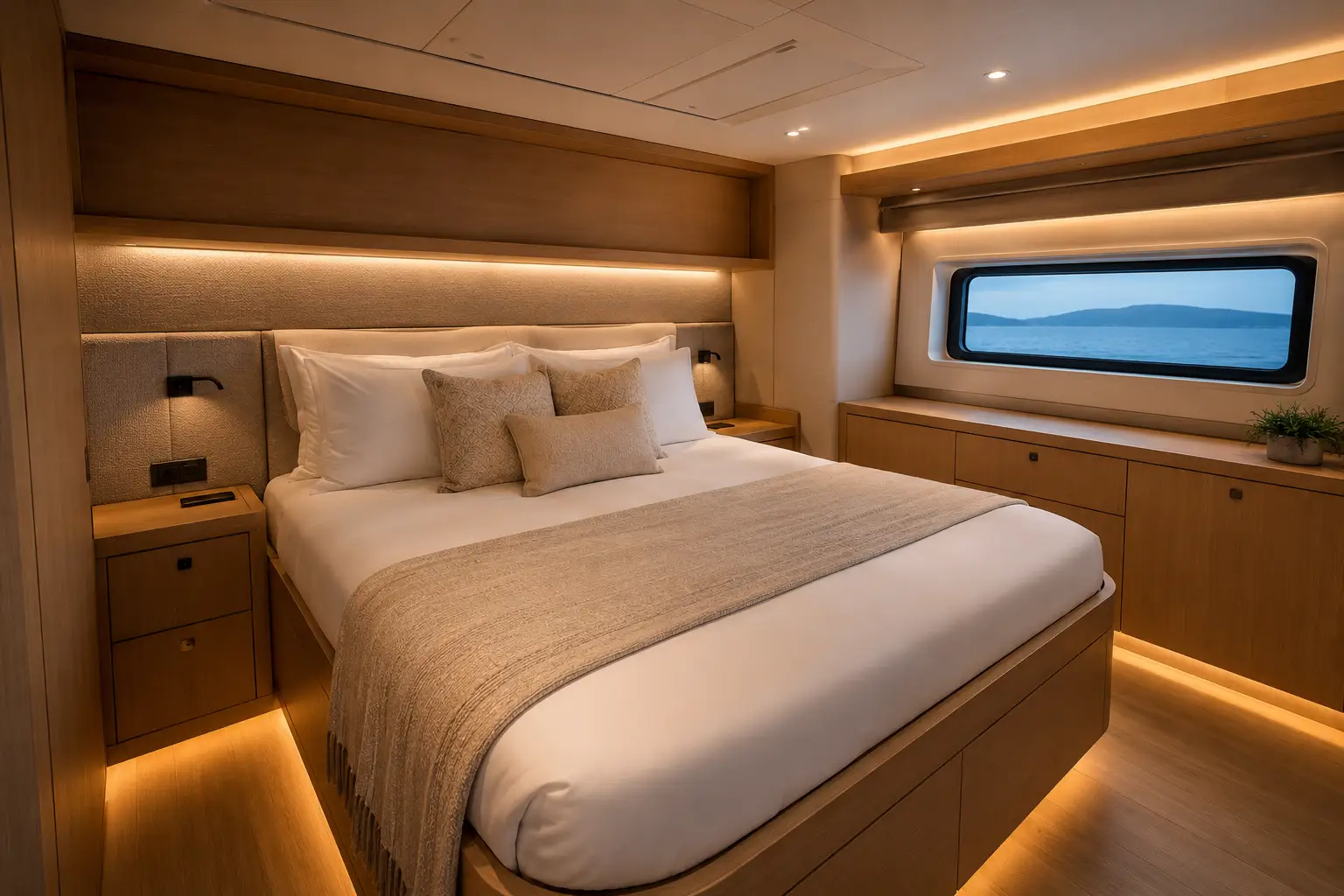 Queen stateroom with warm wood details aboard Sunset Voyager