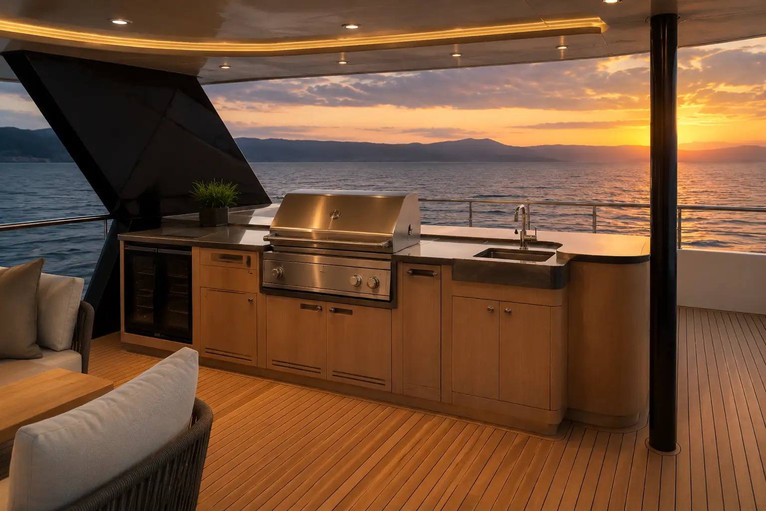 BBQ and wet bar area aboard Sunset Voyager luxury catamaran