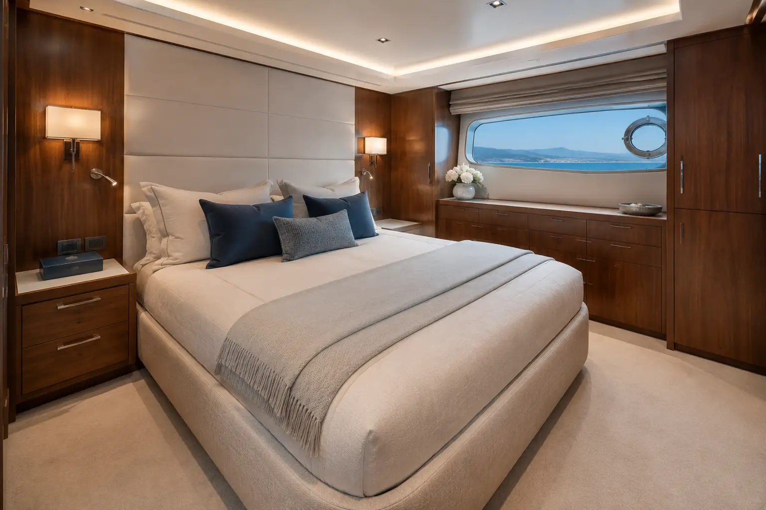 Primary luxury stateroom aboard The Mariner 62 yacht