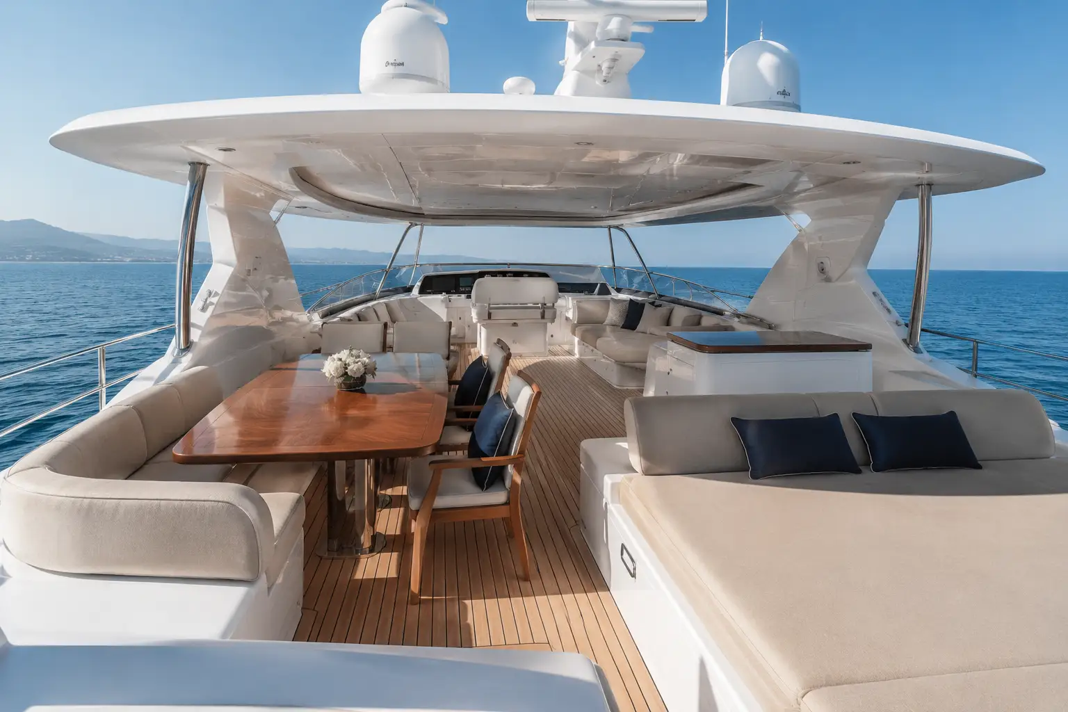 Covered flybridge lounge and alfresco dining area aboard The Mariner 62 yacht