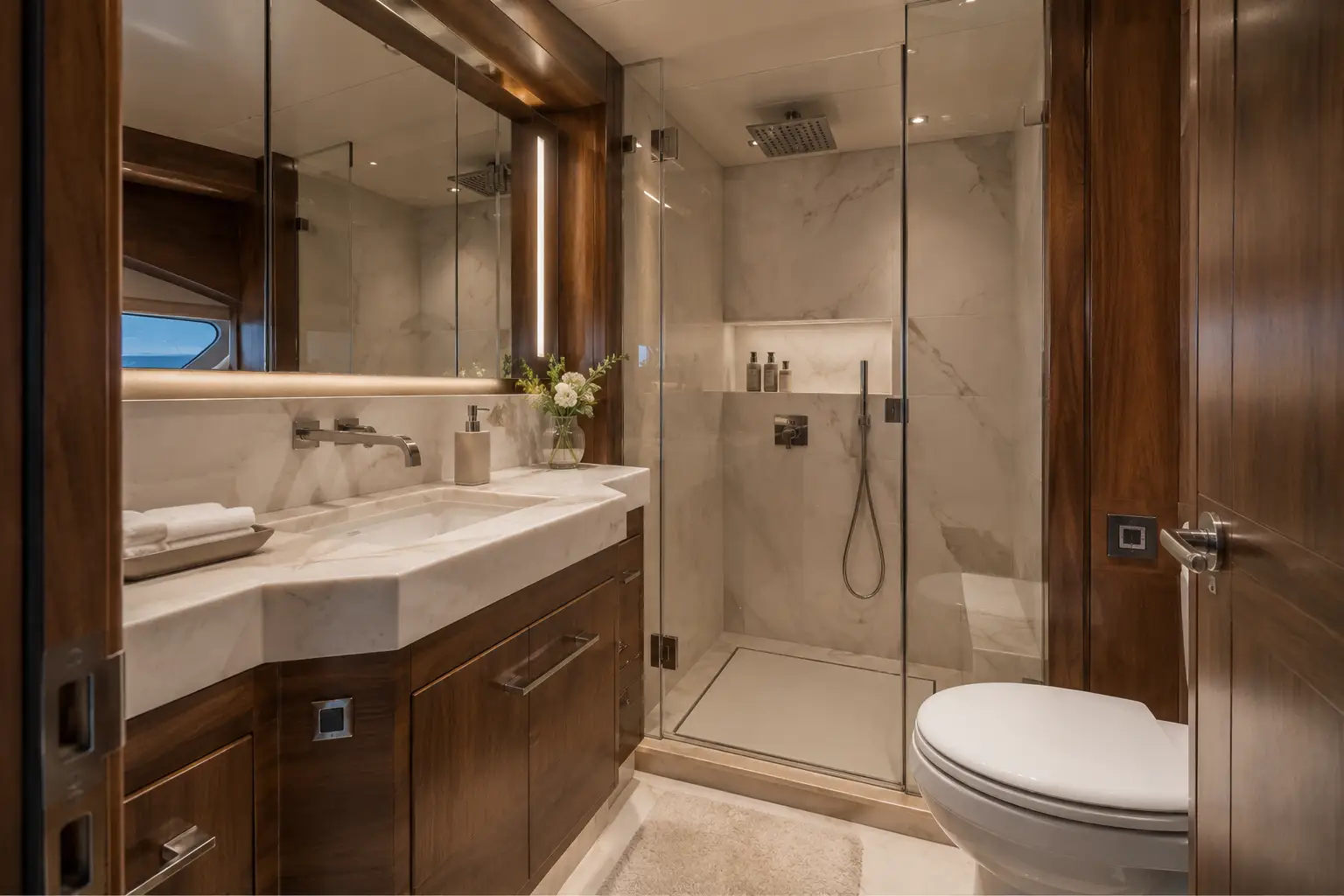 Private yacht bathroom with vanity and glass shower aboard The Mariner 62