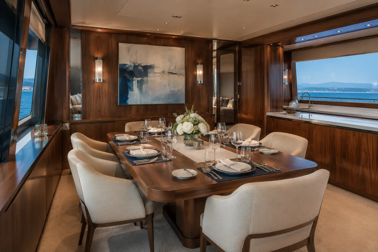 Formal dining salon aboard The Mariner 62 yacht