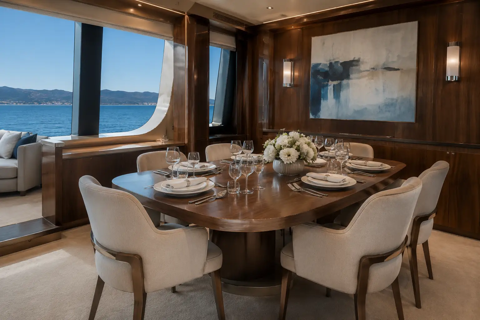 Interior dining table and wood-paneled salon aboard The Mariner 62 yacht