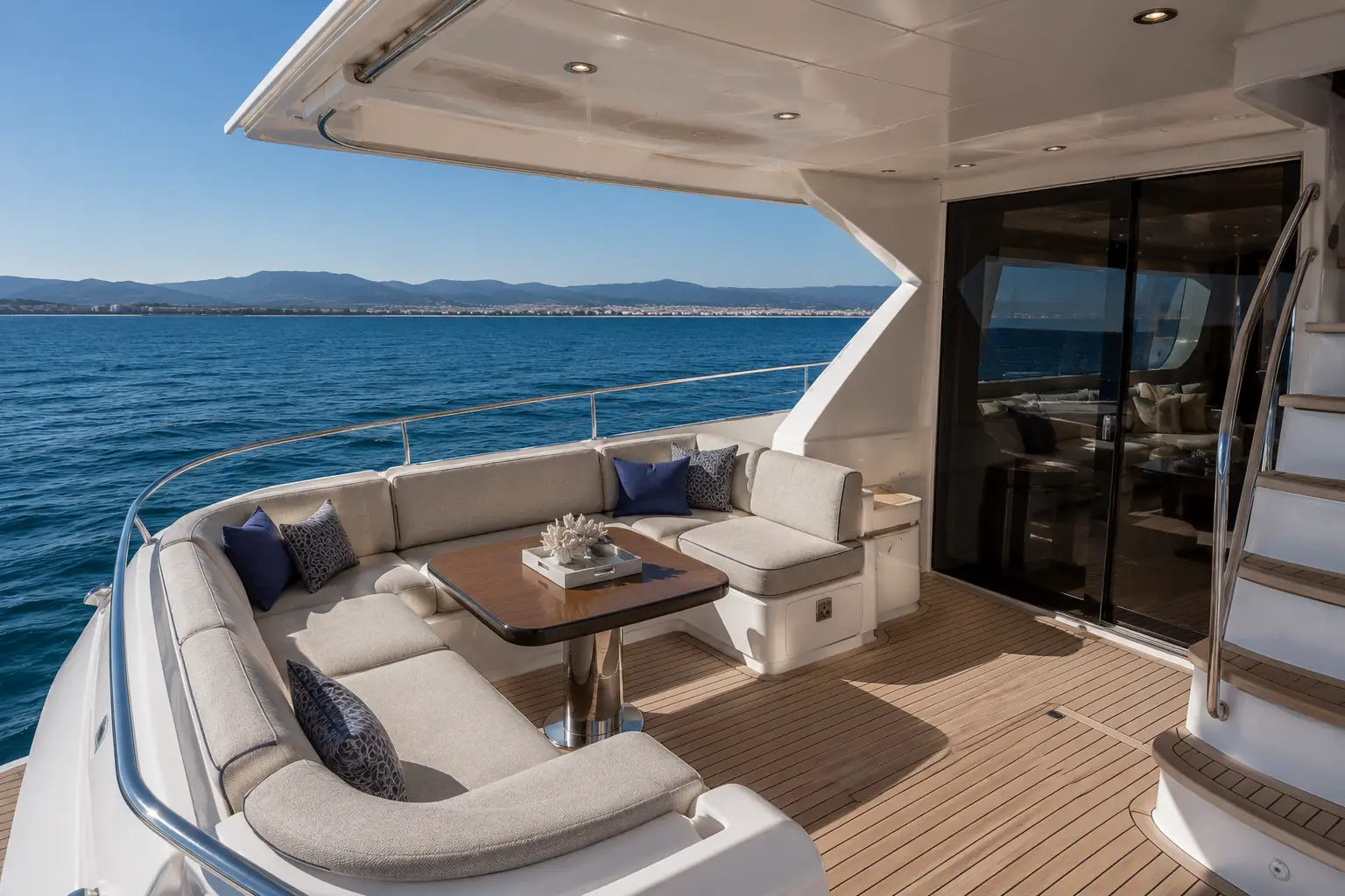 Aft deck lounge with open water views aboard The Mariner 62 yacht
