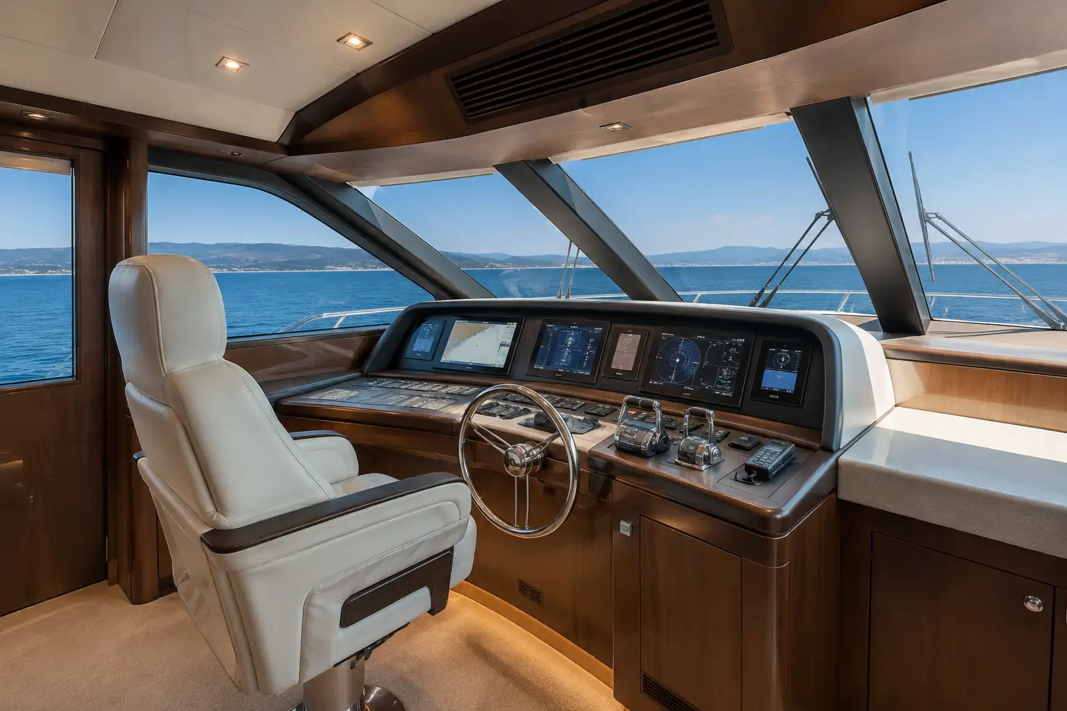 Captain helm station aboard The Mariner 62 yacht