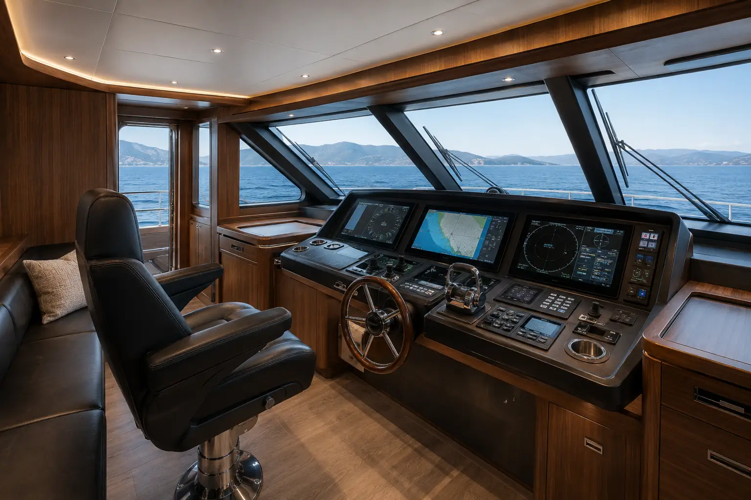 Captain helm station aboard Ocean Pearl 78 yacht