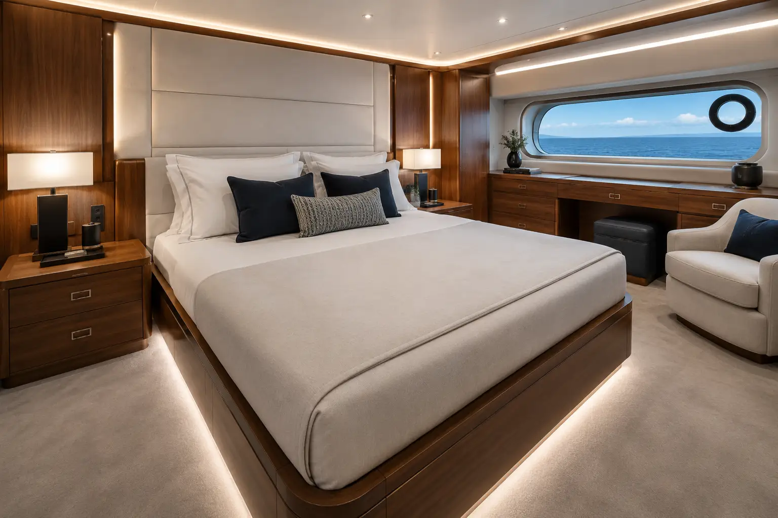 Elegant guest stateroom aboard Ocean Pearl 78 yacht