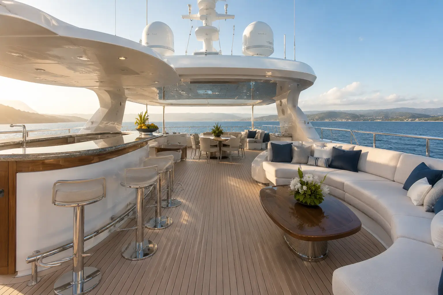 Open-air flybridge bar and lounge aboard Ocean Pearl 78 yacht