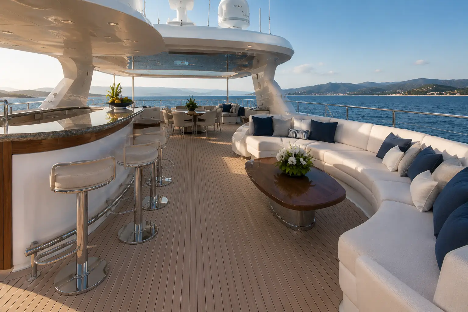 Spacious flybridge seating area aboard Ocean Pearl 78 yacht
