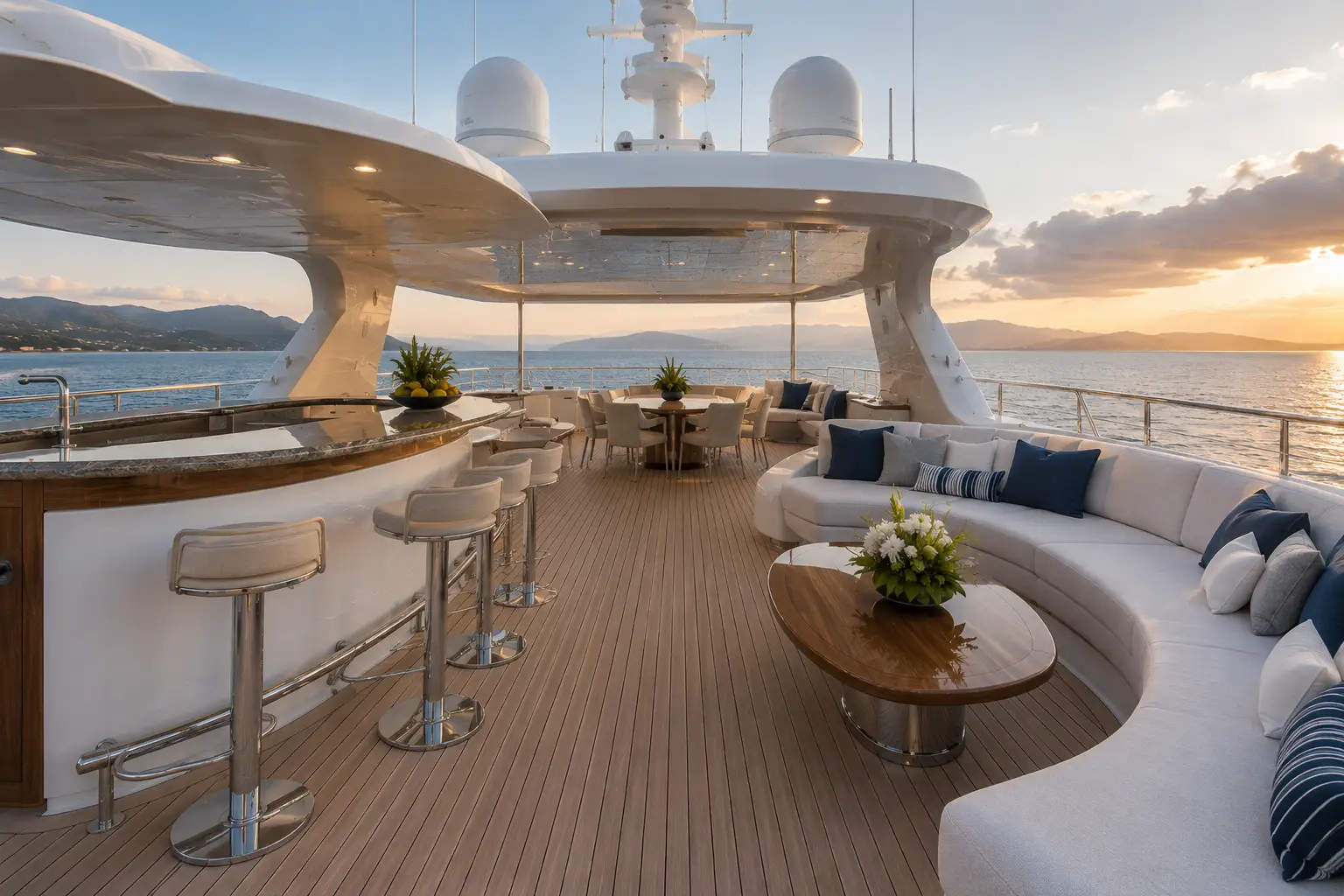 Outdoor deck lounge with bar seating aboard Ocean Pearl 78 yacht