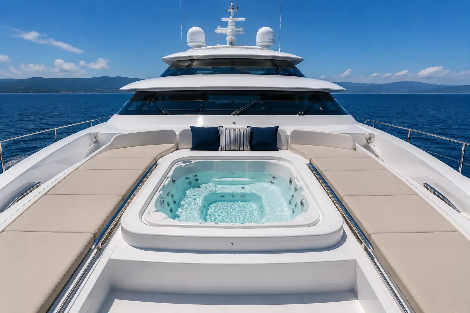 Foredeck jacuzzi and sun lounge aboard Ocean Pearl 78 yacht