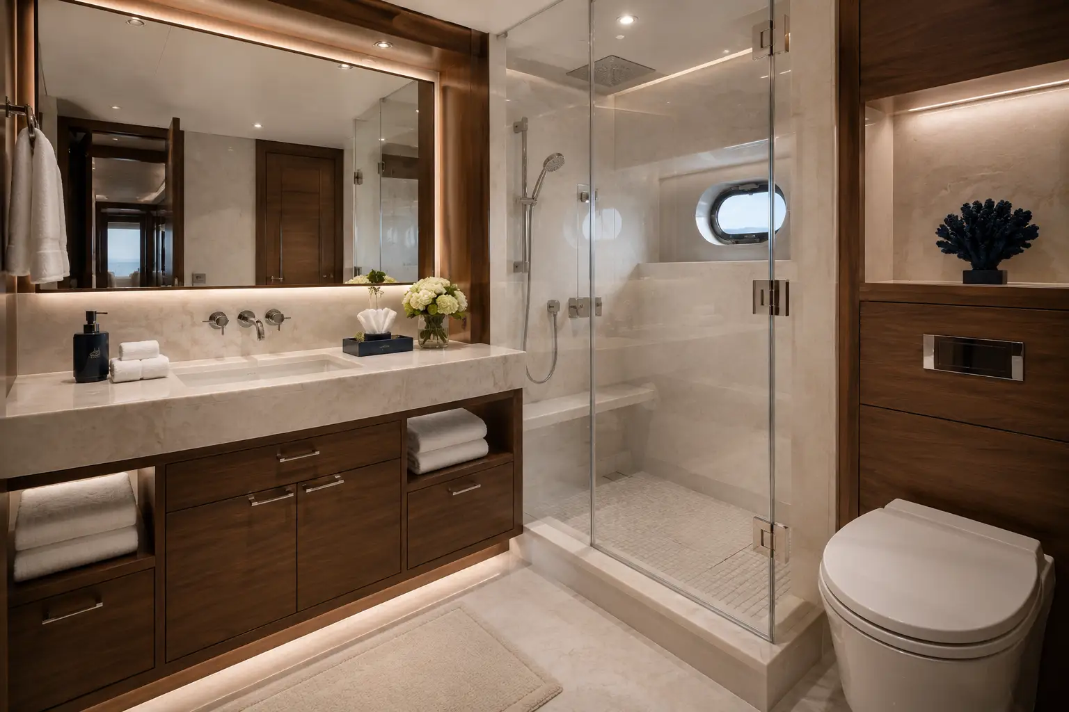 Luxury yacht bathroom with vanity and glass shower aboard Ocean Pearl 78