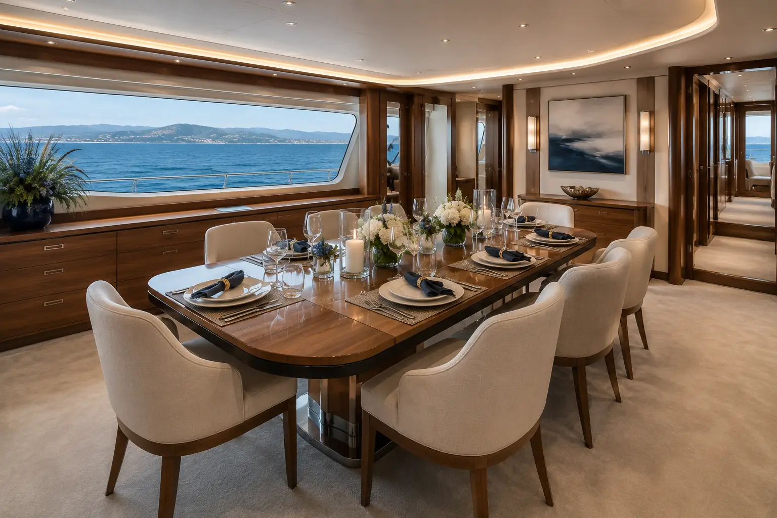 Formal dining salon aboard Ocean Pearl 78 yacht