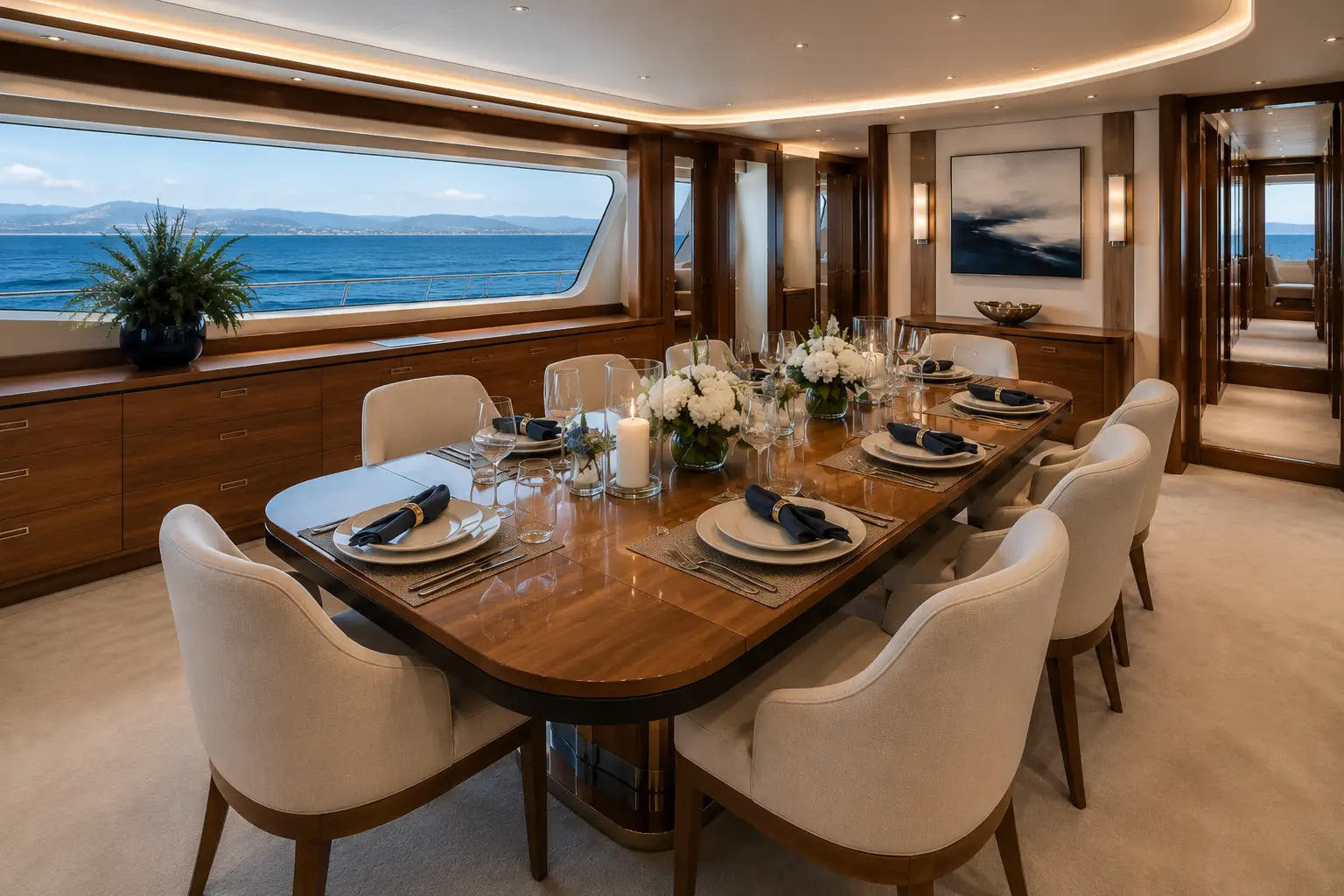 Gourmet dining area with ocean views aboard Ocean Pearl 78 yacht