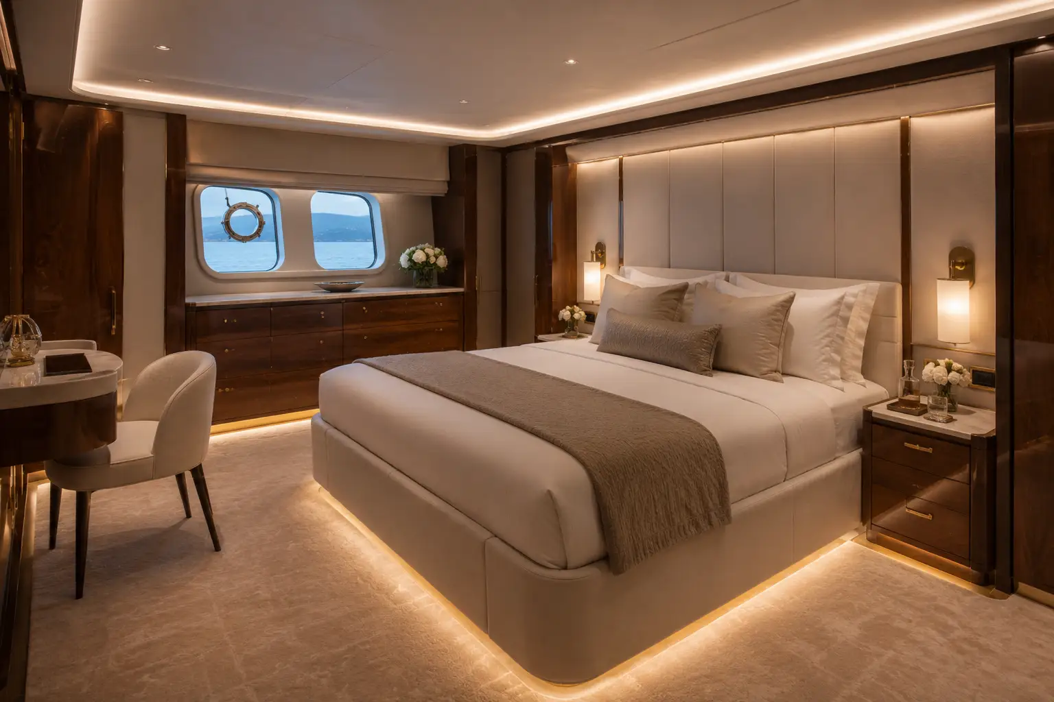 Elegant primary stateroom aboard Harbor Grand 90 luxury yacht
