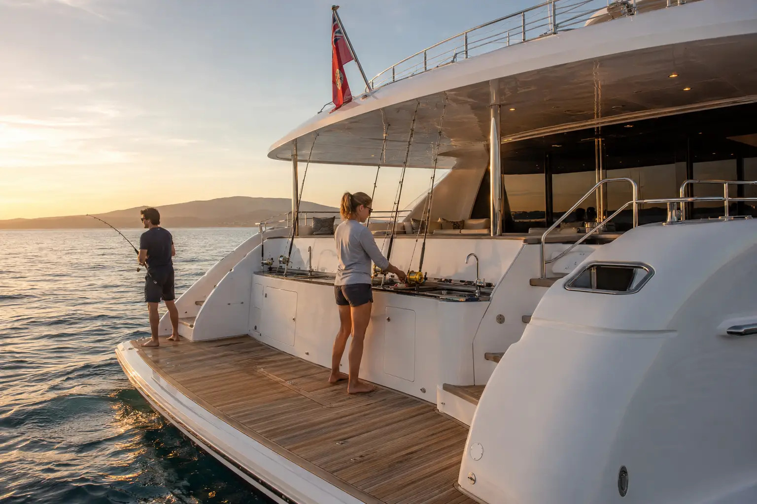 Aft deck access and yacht boarding area aboard Harbor Grand 90