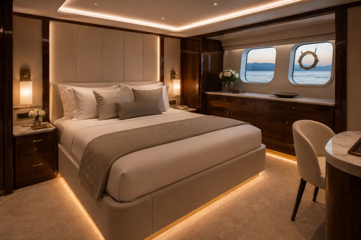 Luxury guest stateroom with warm wood finishes aboard Harbor Grand 90