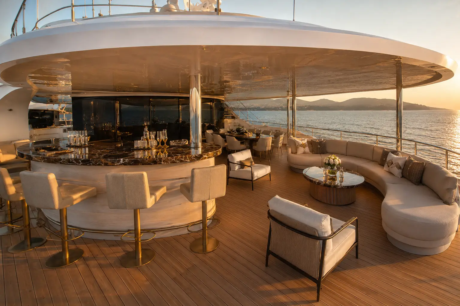 Open-air upper deck lounge with bar seating aboard Harbor Grand 90