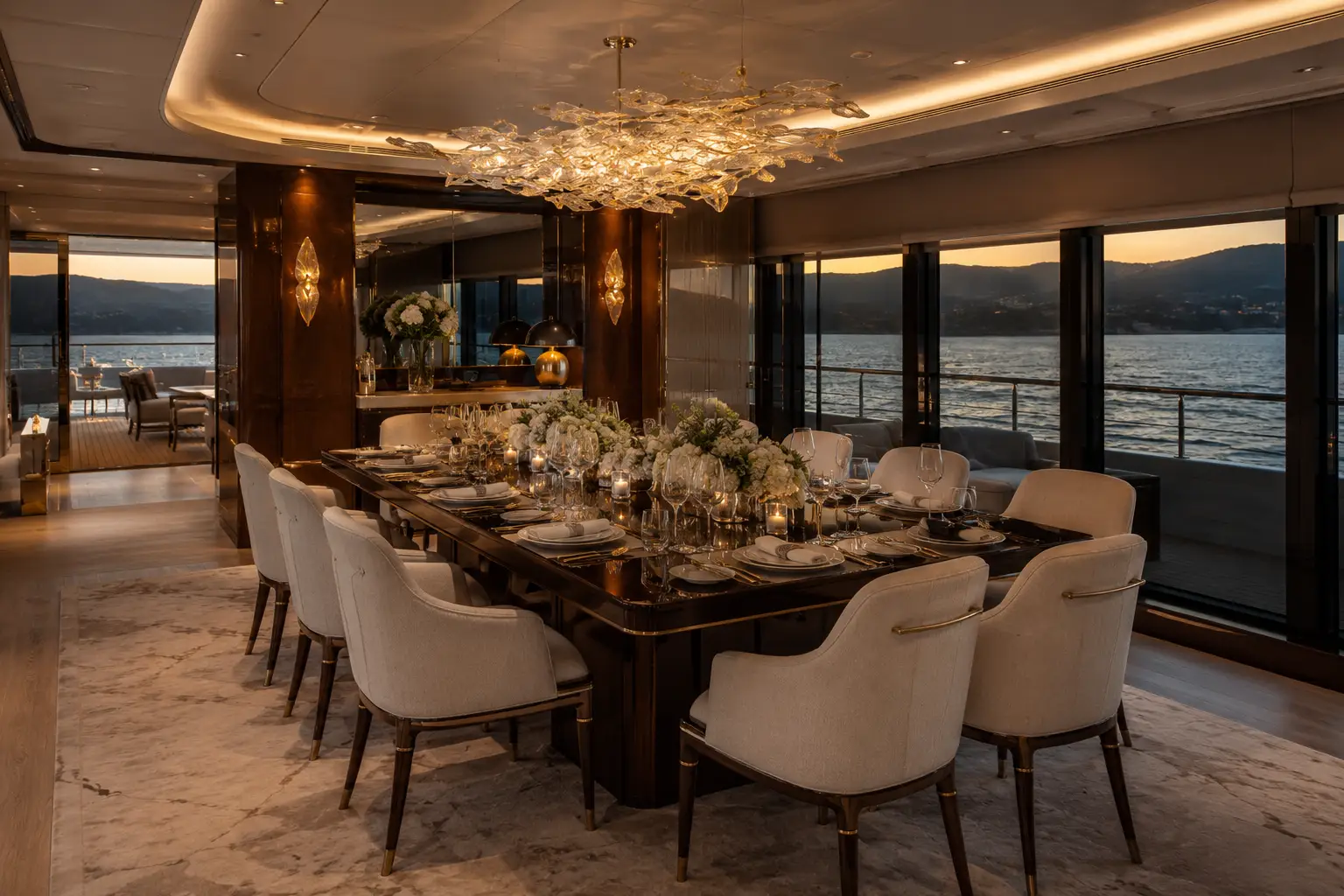 Formal dining salon set for an event aboard Harbor Grand 90 yacht