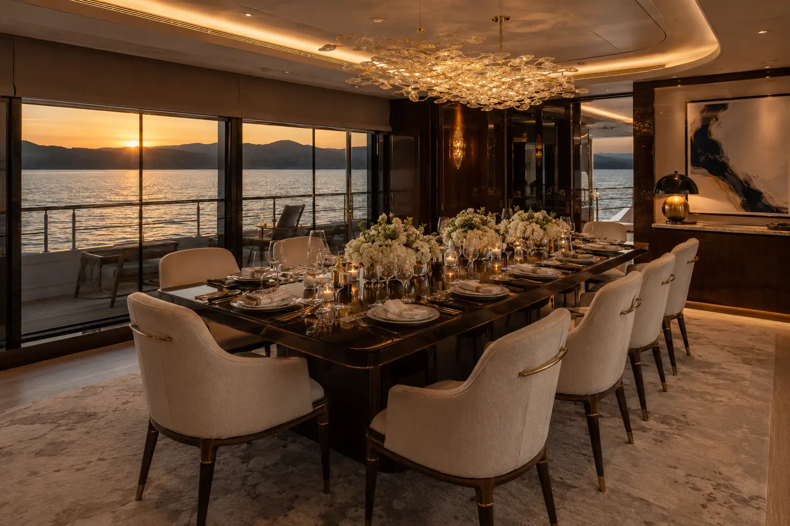 Elegant interior dining salon with panoramic views aboard Harbor Grand 90