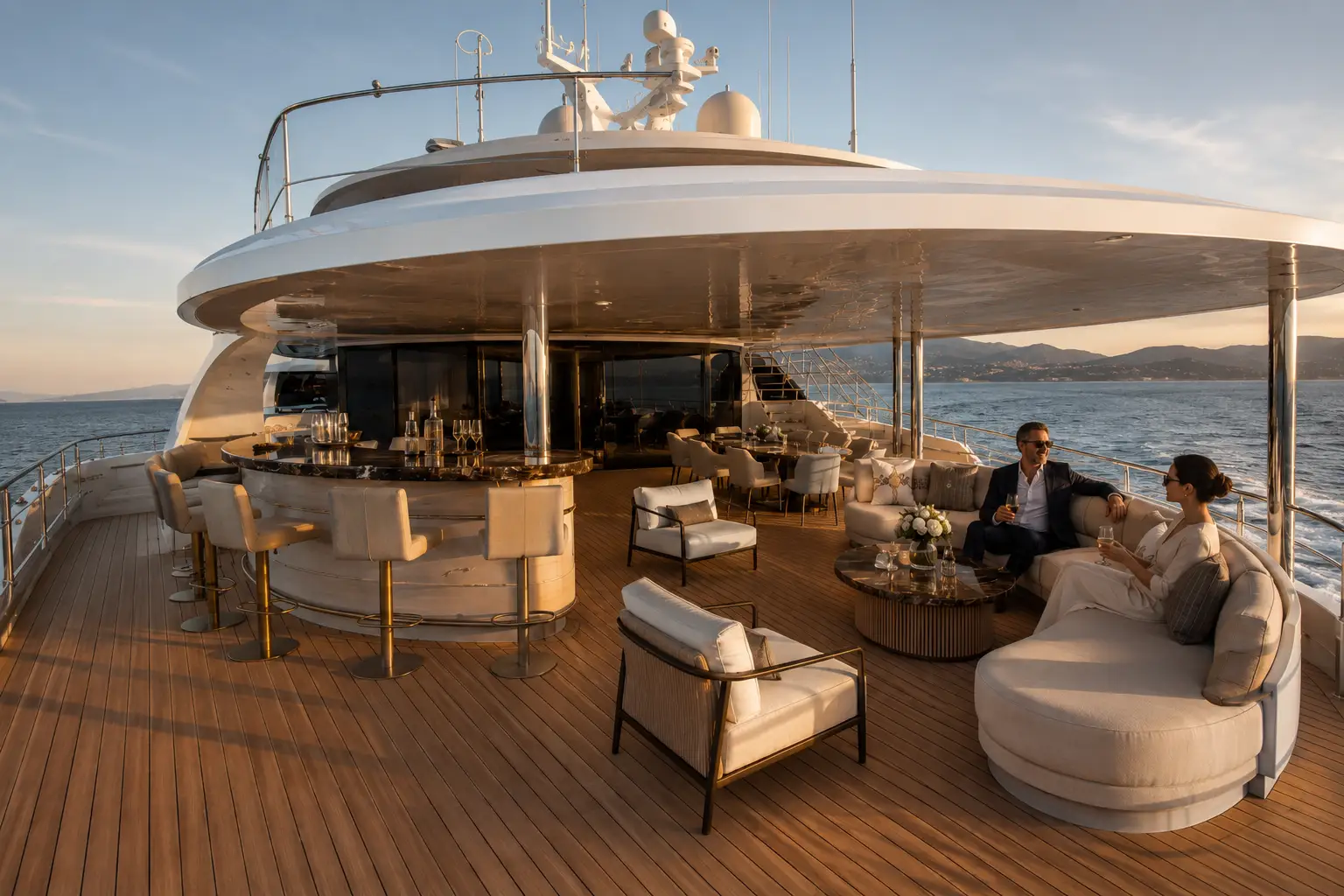 Outdoor sundeck lounge prepared for guests aboard Harbor Grand 90 yacht